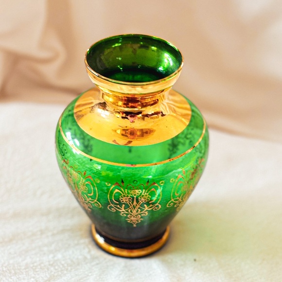 Laguna Murano Glass Bud Vase – Emerald Green & Gold Gilt, Italian Art Glass - Picture 4 of 10